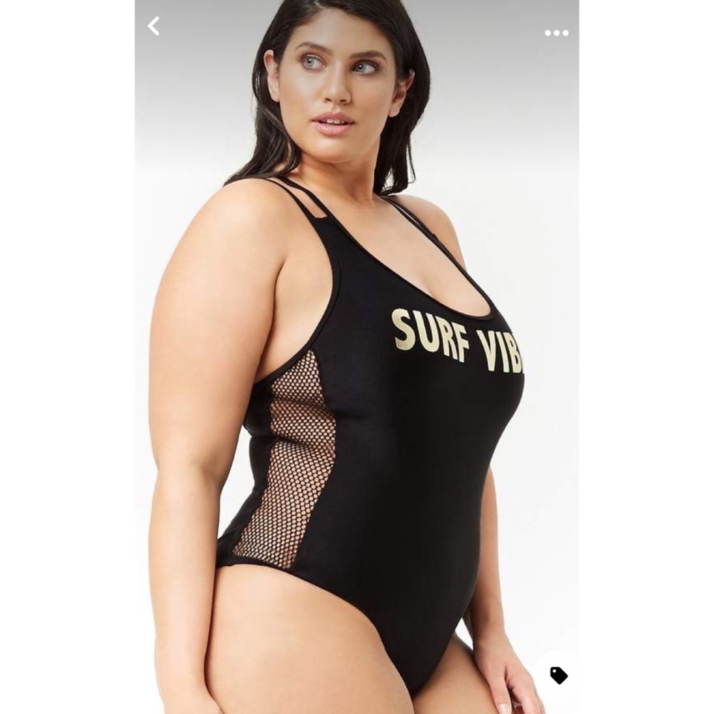 Forever 21 + plus size 1X surf vibes black netting one piece bathing suit